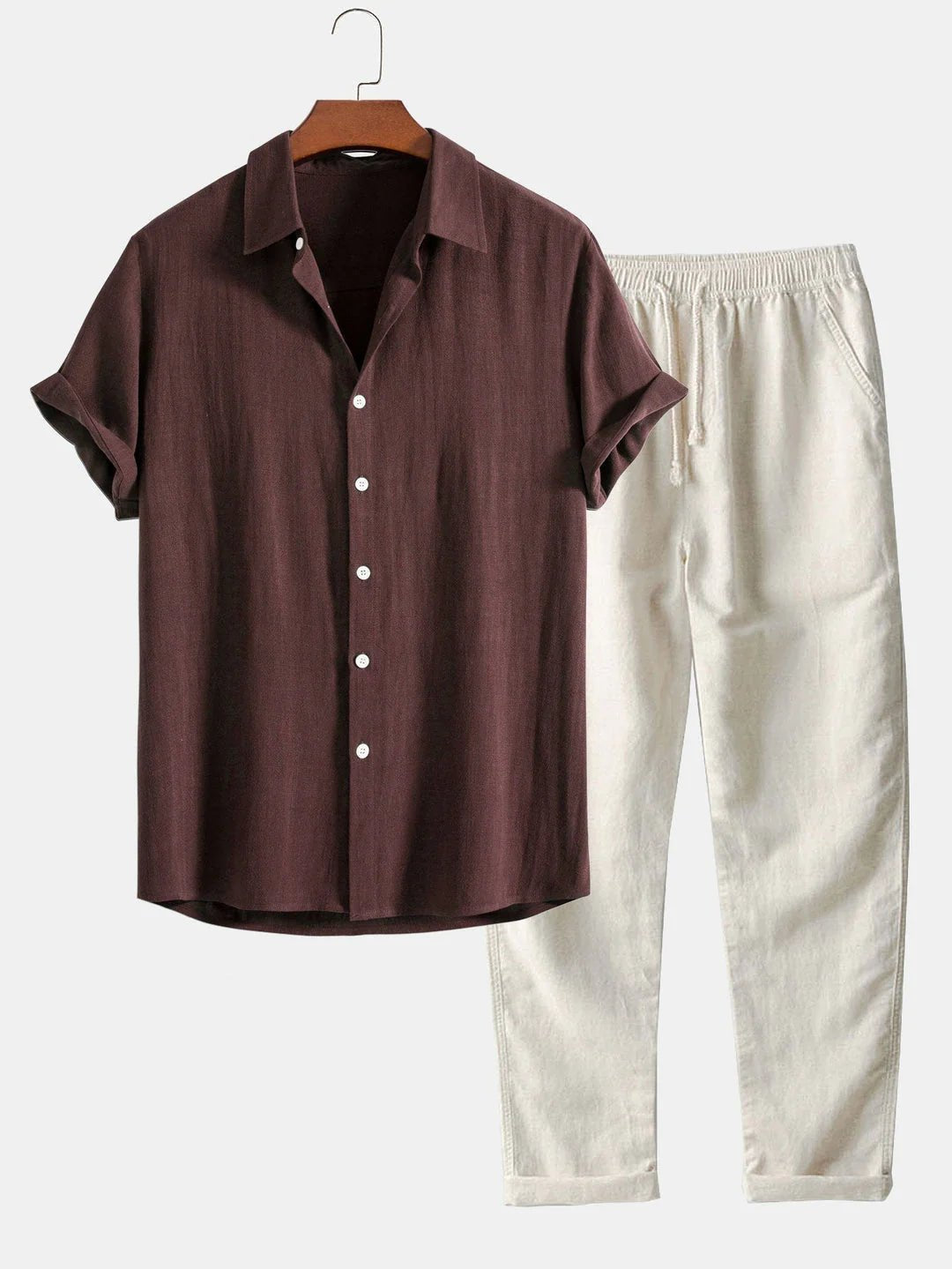 Relaxed fit men's button-up shirt & matching pants. Ideal two-piece summer casual wear for beach or leisure.