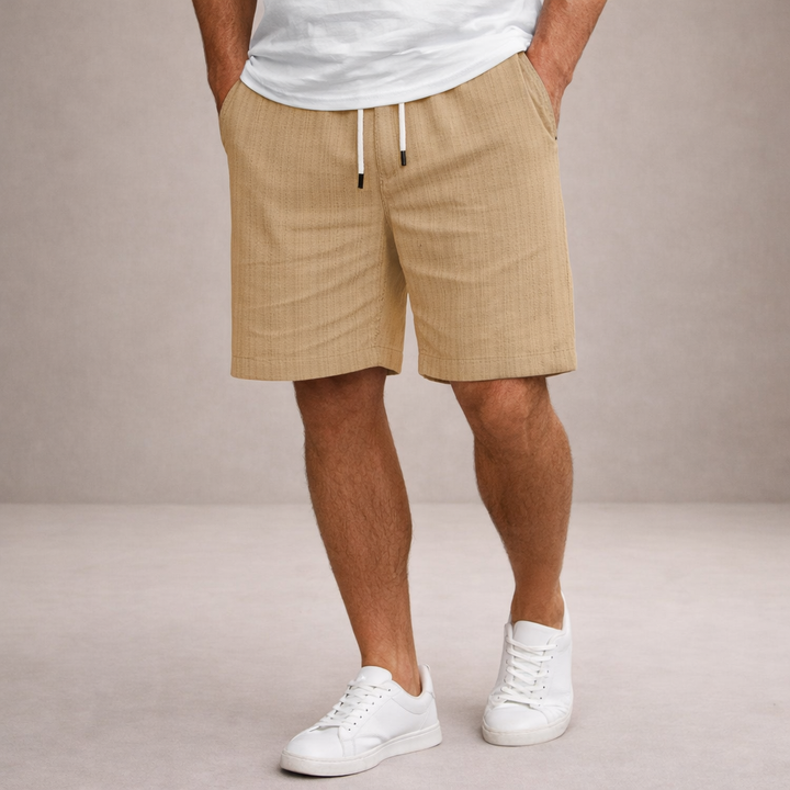 Men's striped summer drawstring shorts, relaxed fit, offering breathable comfort for daily wear.