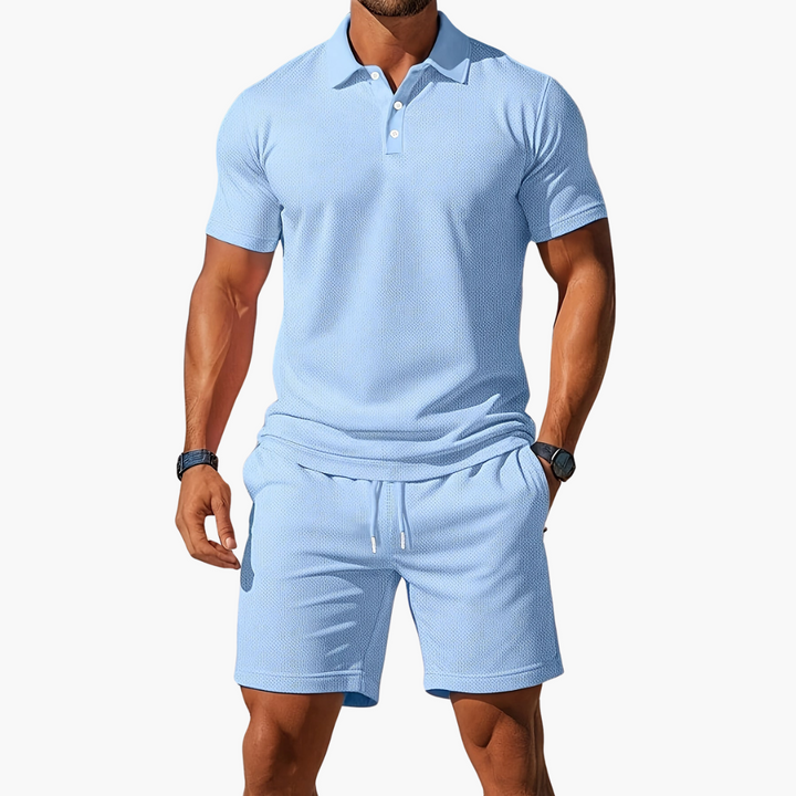 Men's summer lounge set: short-sleeve polo shirt & comfy drawstring shorts. Perfect for casual wear.