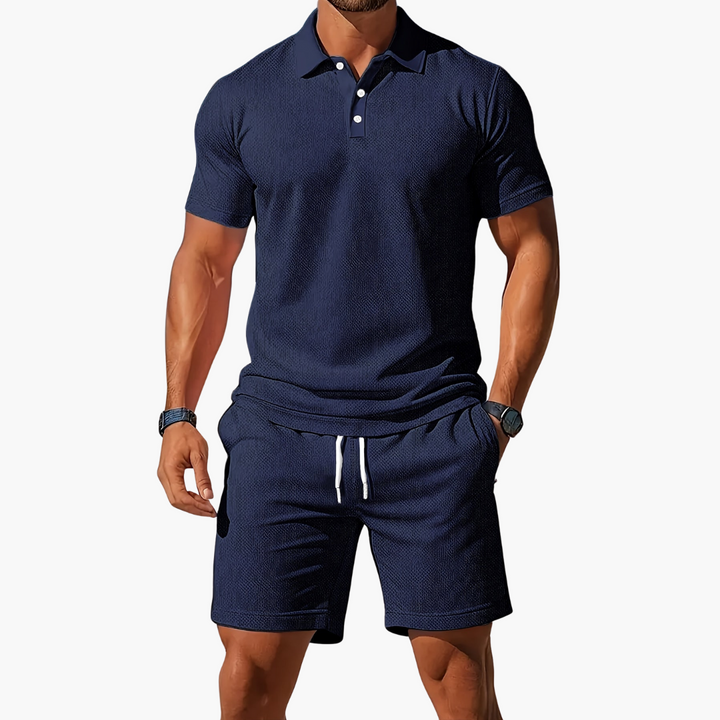 Stylish men's 2-piece matching set with polo shirt and relaxed drawstring shorts for summer leisure.