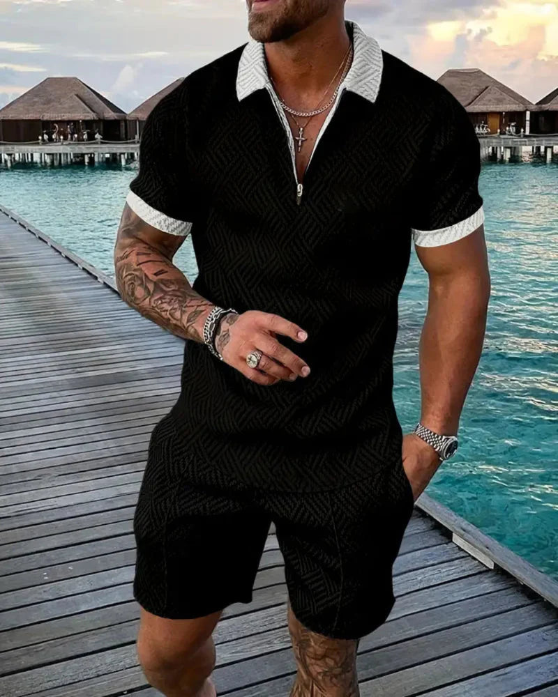 Men's summer tracksuit, zip collar polo top & matching shorts. Ideal for warm weather athleisure.