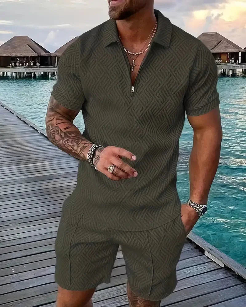 Sporty men's summer two-piece tracksuit with zip collar polo and comfortable matching shorts.