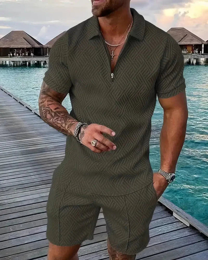 Sporty men's summer two-piece tracksuit with zip collar polo and comfortable matching shorts.