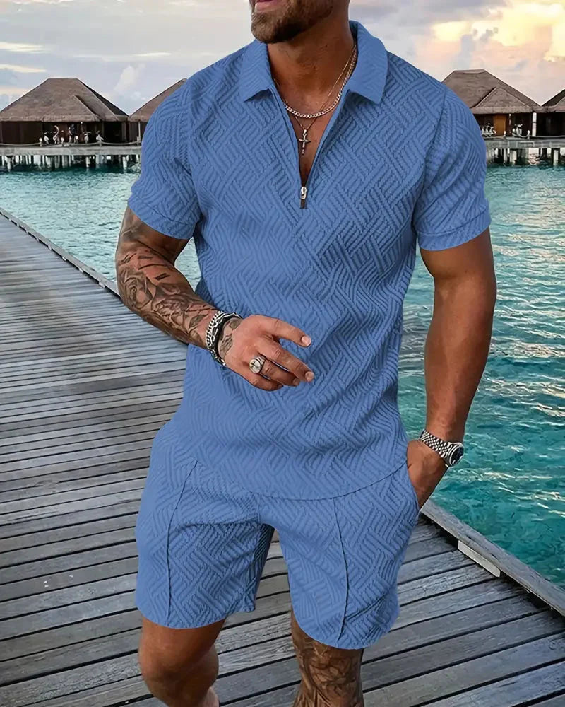 Lightweight men's summer tracksuit. Zip collar top & shorts perfect for warm weather and athleisure style.