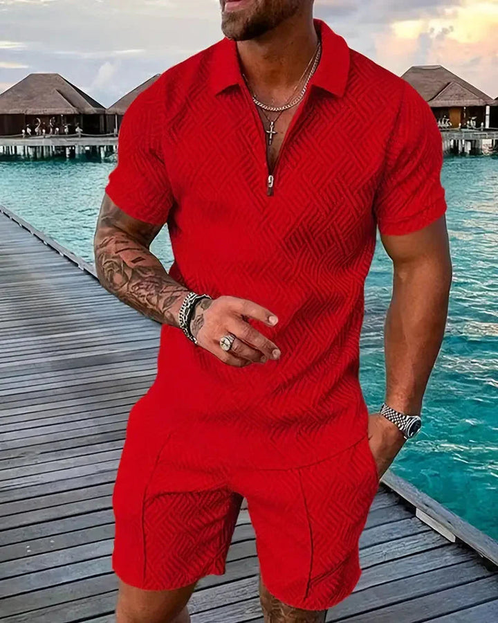 Men's casual summer tracksuit. Zip collar polo top & shorts for a comfortable, sporty warm weather outfit.