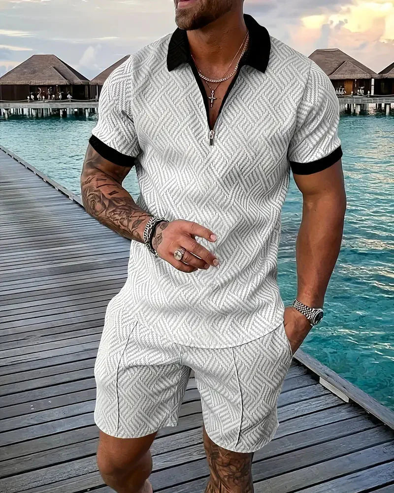 Men's summer athleisure tracksuit set. Zip collar polo shirt and matching shorts for casual style.