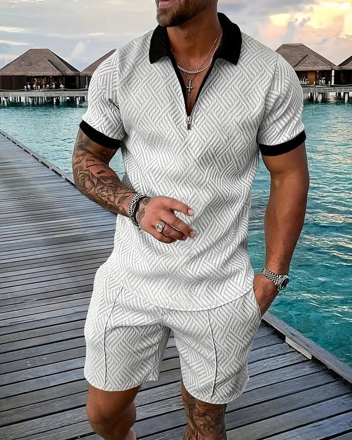 Men's summer athleisure tracksuit set. Zip collar polo shirt and matching shorts for casual style.