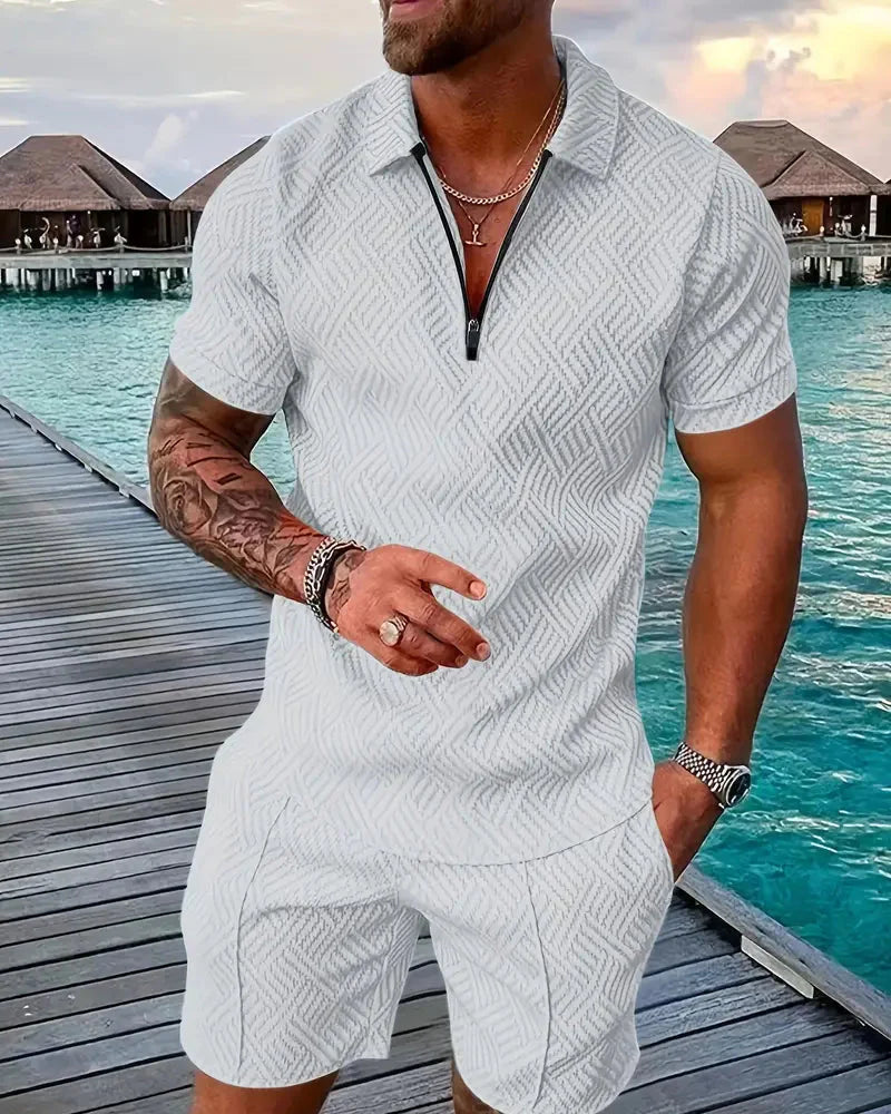 Mens two-piece summer tracksuit: zip collar polo and matching shorts. Great for casual, sporty warm weather.