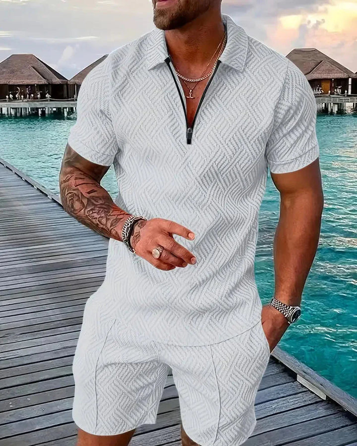 Mens two-piece summer tracksuit: zip collar polo and matching shorts. Great for casual, sporty warm weather.