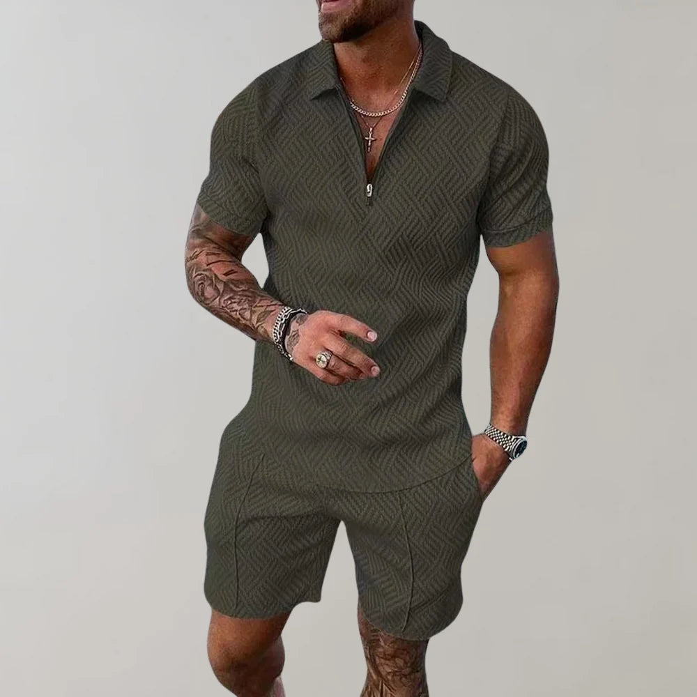 Men's summer two-piece set, relaxed fit, short sleeve shirt & shorts, breathable casual wear.