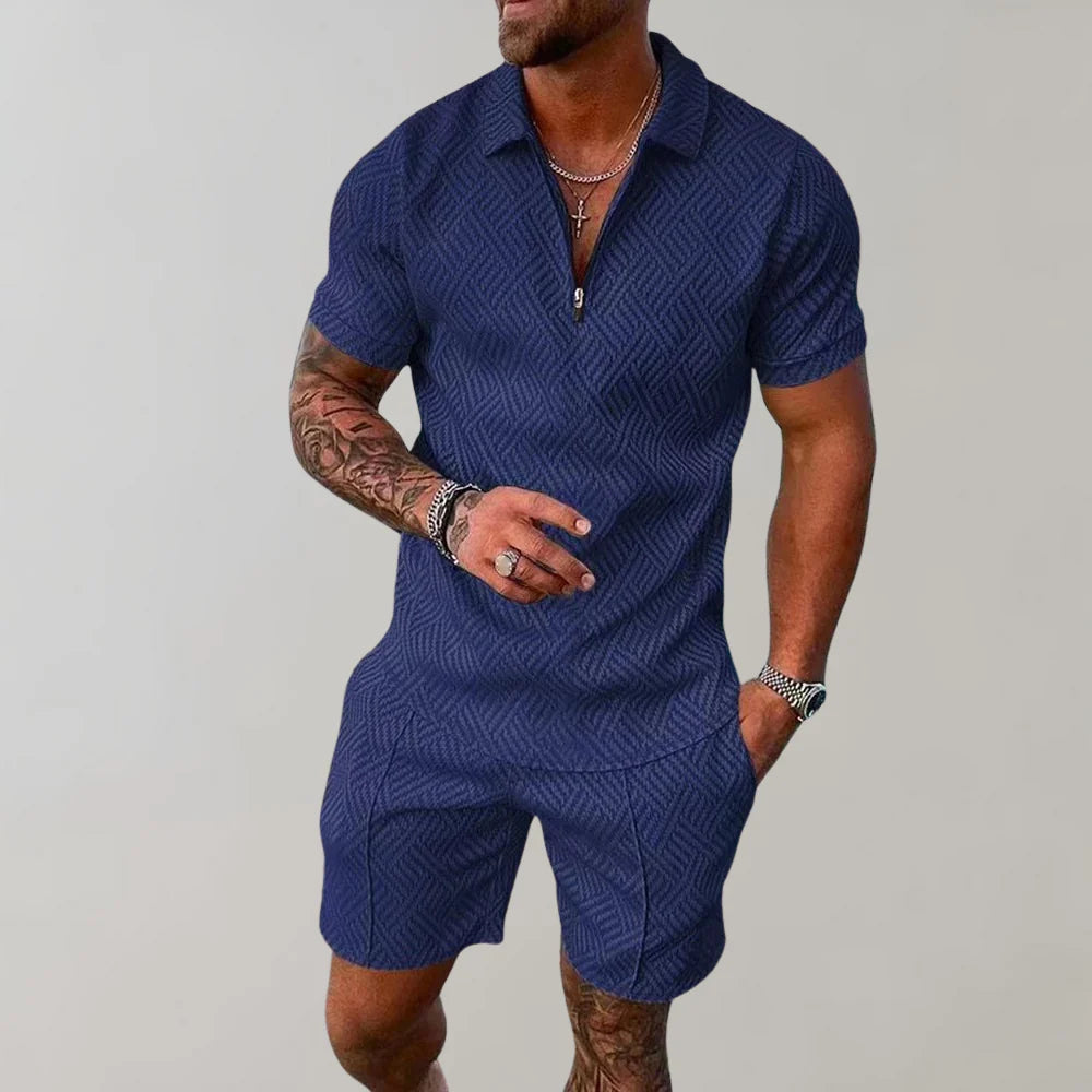 Comfortable men's breathable summer two-piece set, relaxed fit shorts & short sleeve top for casual wear.