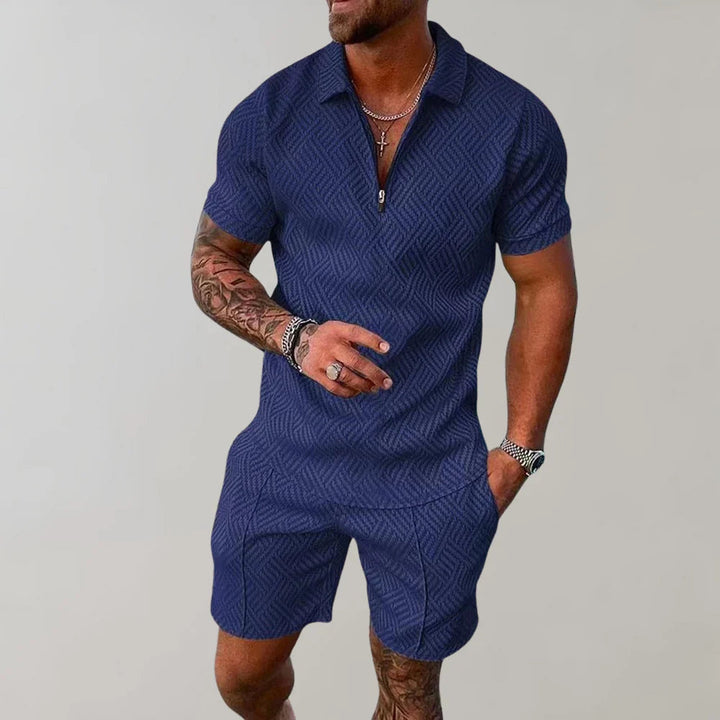 Comfortable men's breathable summer two-piece set, relaxed fit shorts & short sleeve top for casual wear.