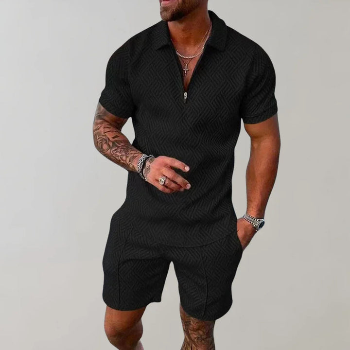 Men's comfortable two-piece summer set, relaxed fit shirt & shorts, breathable for casual wear.