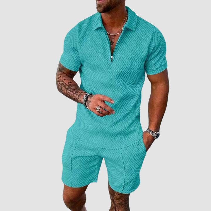 Men's summer two-piece shorts set, breathable relaxed fit, short sleeve top, ideal for casual comfort.