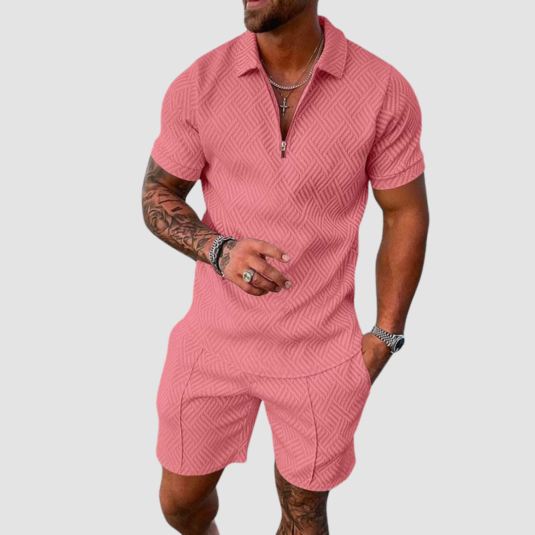 Men's relaxed fit summer two-piece set, breathable short sleeve shirt & shorts, comfortable loungewear.