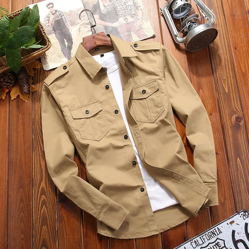 Men's tactical field shirt, long sleeve, epaulettes & utility pockets. Rugged military style for outdoor use.