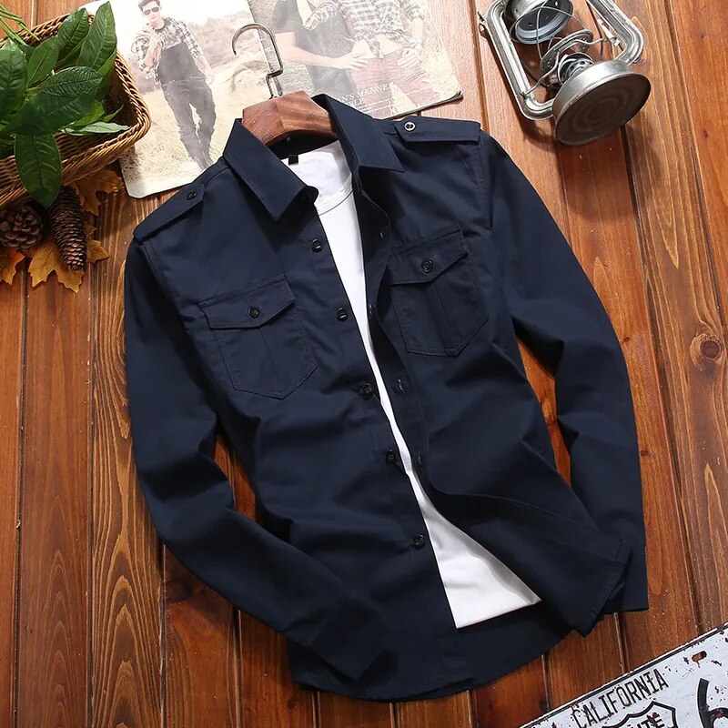 Khaki men's military style field shirt. Long sleeve button-down with epaulettes & chest pockets. Outdoor casual.