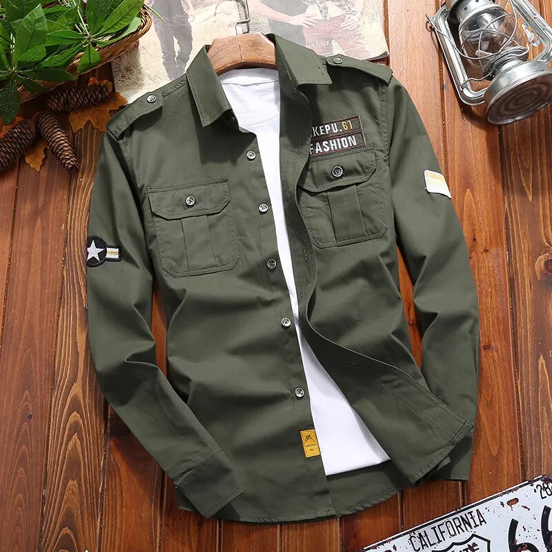 Army green men's rugged field shirt, long sleeve. Perfect for outdoor adventures, casual wear & tactical look.