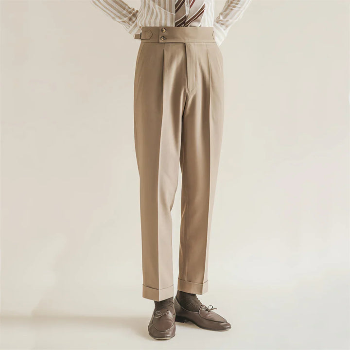 Men's tailored black cotton blend business trousers with an elastic waist, ideal for office wear.
