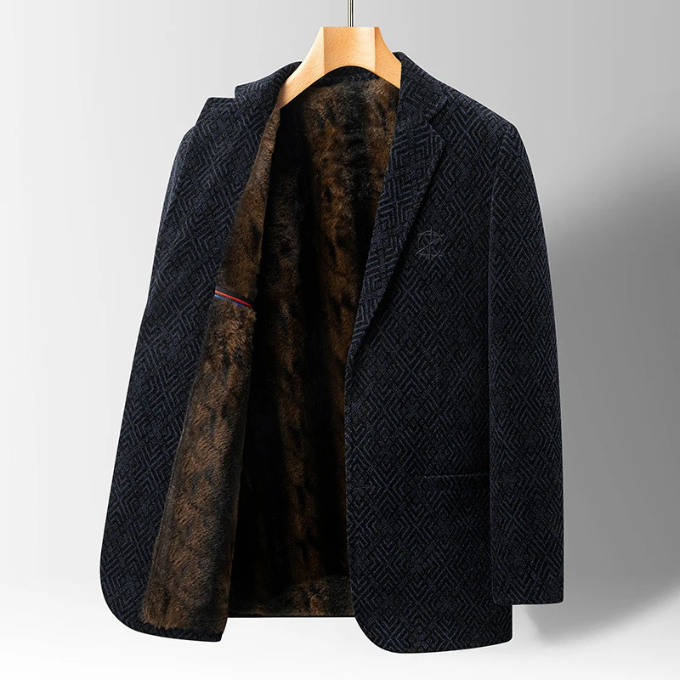 Luxury men's wool blend blazer coat with faux fur detailing, a stylish winter jacket for men