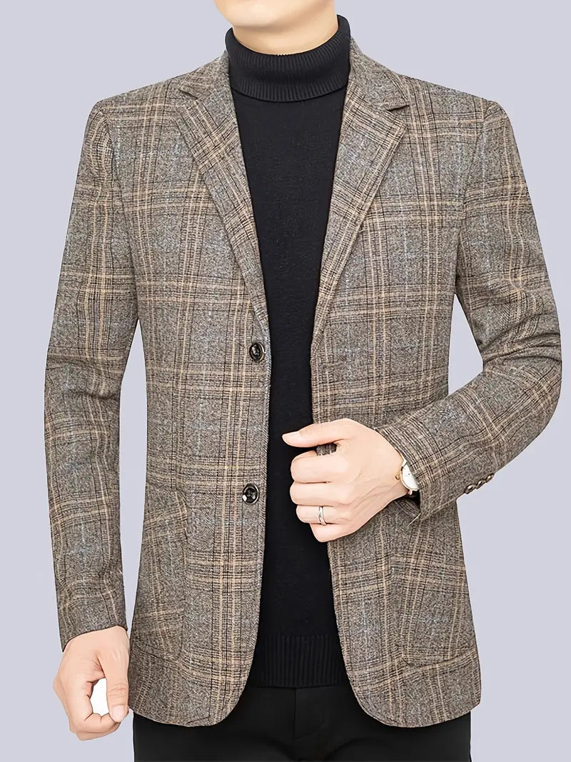 Men's tailored checked blazer jacket for smart casual or business wear. Sophisticated men's fashion.