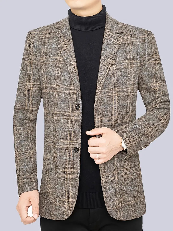Men's tailored checked blazer jacket for smart casual or business wear. Sophisticated men's fashion.