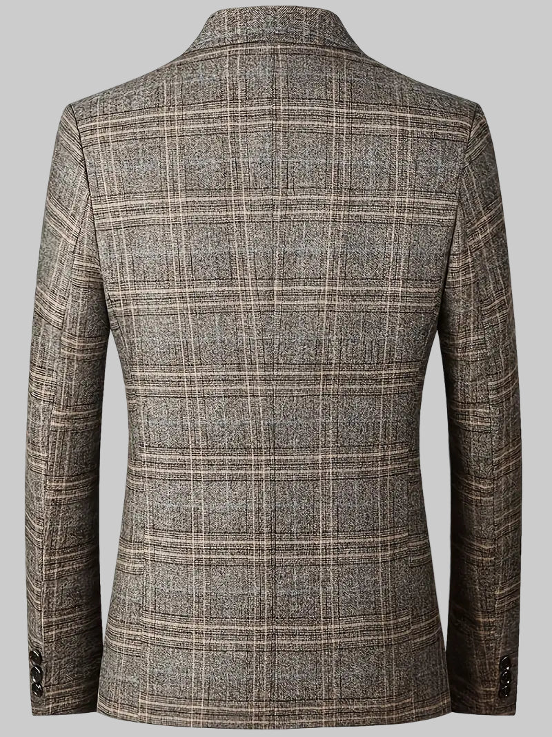Sophisticated men's checked blazer jacket, perfect for smart casual, business, or formal events. Tailored fit.