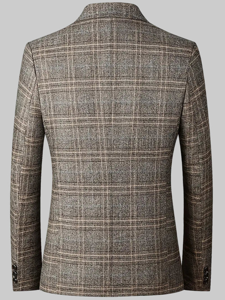 Sophisticated men's checked blazer jacket, perfect for smart casual, business, or formal events. Tailored fit.