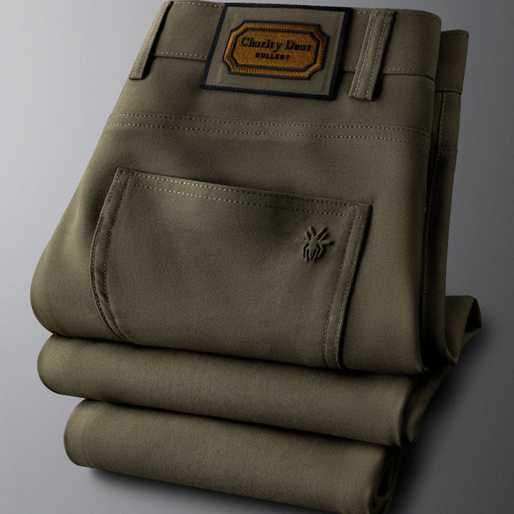 Full-length view of men's dark grey contemporary dress trousers, ideal for office or evening wear