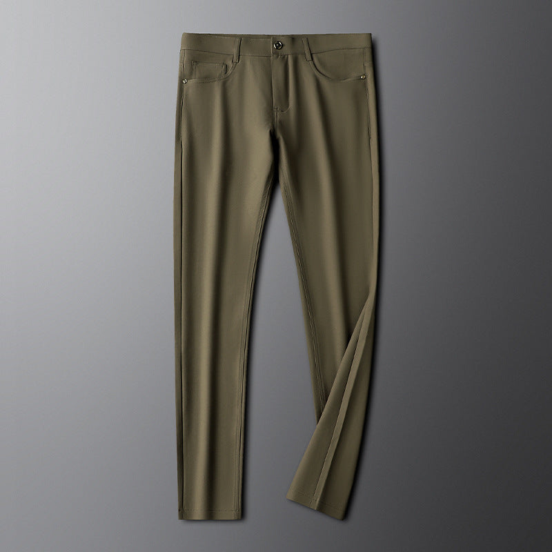 Men's army green contemporary dress pants paired with a shirt, highlighting the modern formalwear look