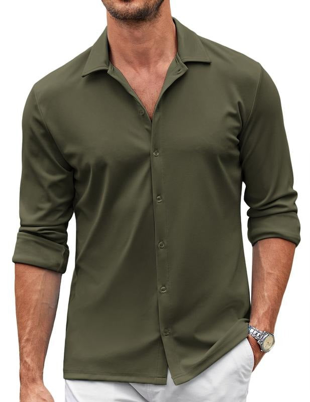 Close-up of a men's stretch button-down polo shirt, perfect for casual and formal occasions