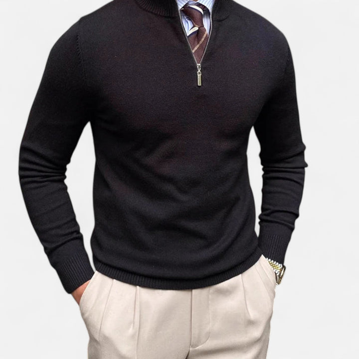 Comfortable men's long sleeve half-zip sweater, ideal for cozy fall fashion & winter style layering.