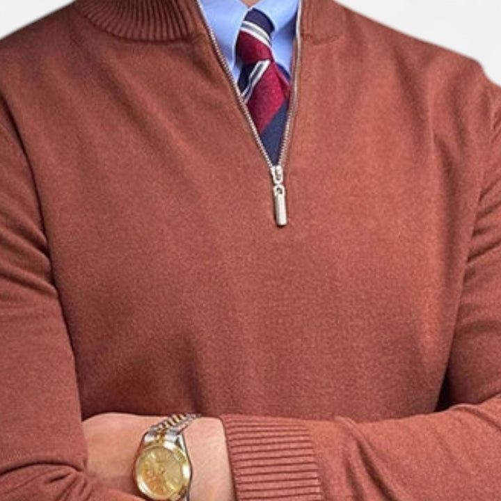 Stylish men's half-zip sweater, a smart casual essential for versatile layering in fall & winter.
