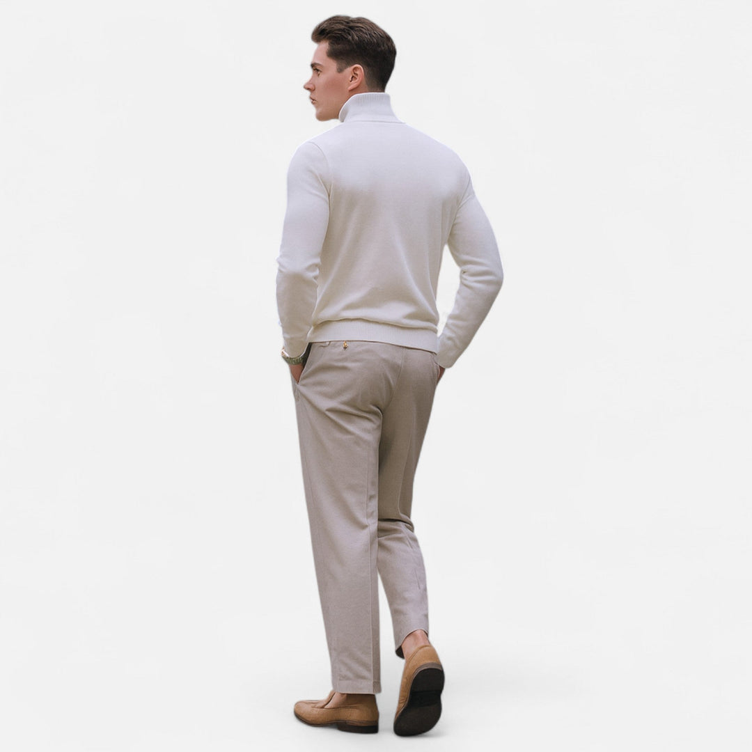 Men's half-zip sweater styled for smart casual men's fashion, perfect for versatile everyday wear.