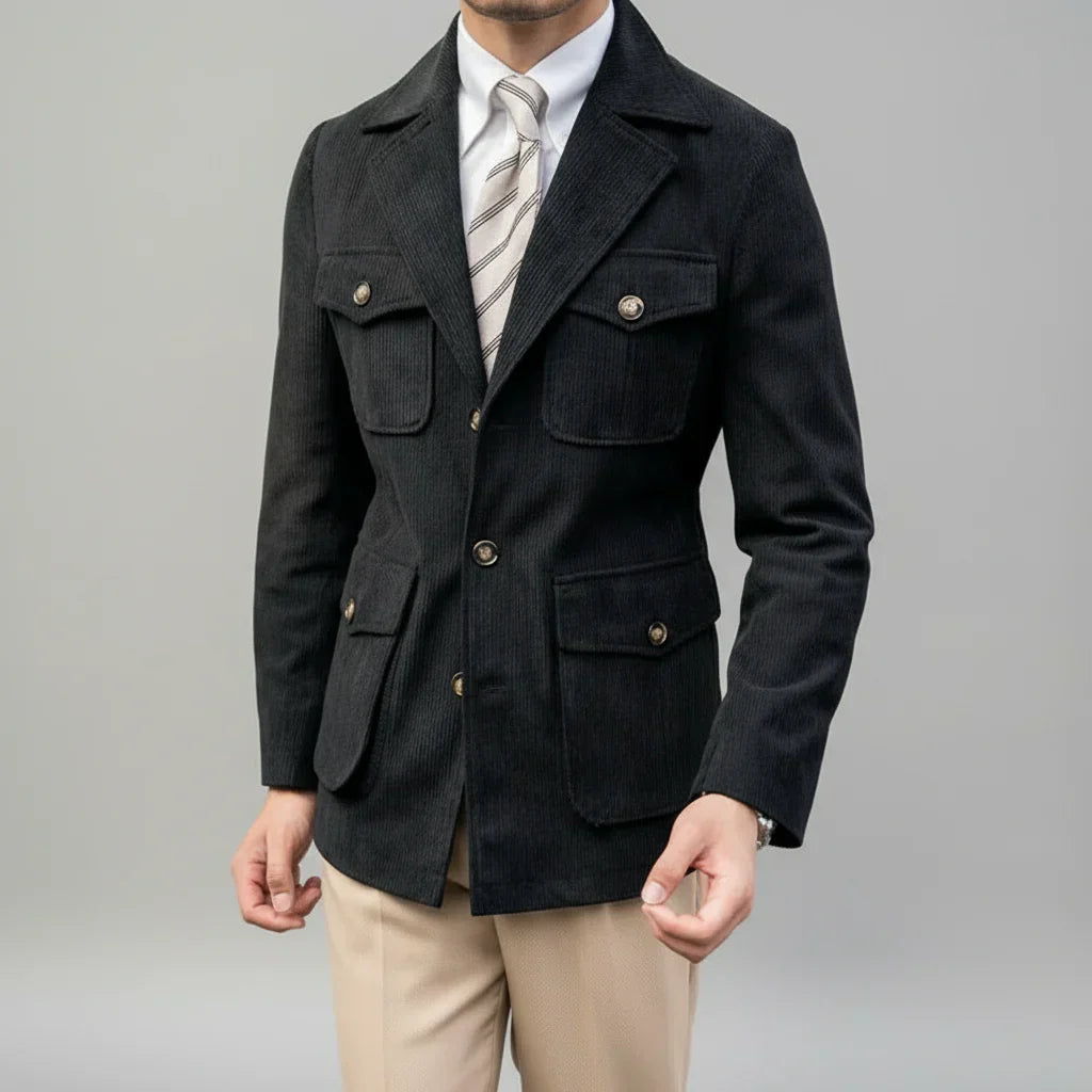 Men's tailored herringbone blazer with gold buttons, perfect for formal and smart casual wear. Stylish men's fashion.
