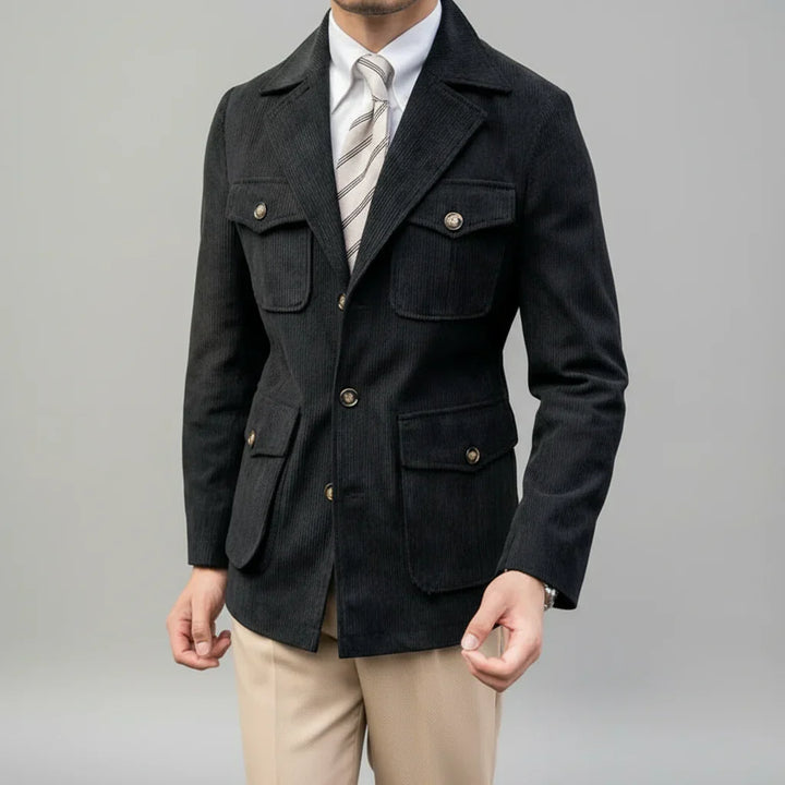 Men's tailored herringbone blazer with gold buttons, perfect for formal and smart casual wear. Stylish men's fashion.