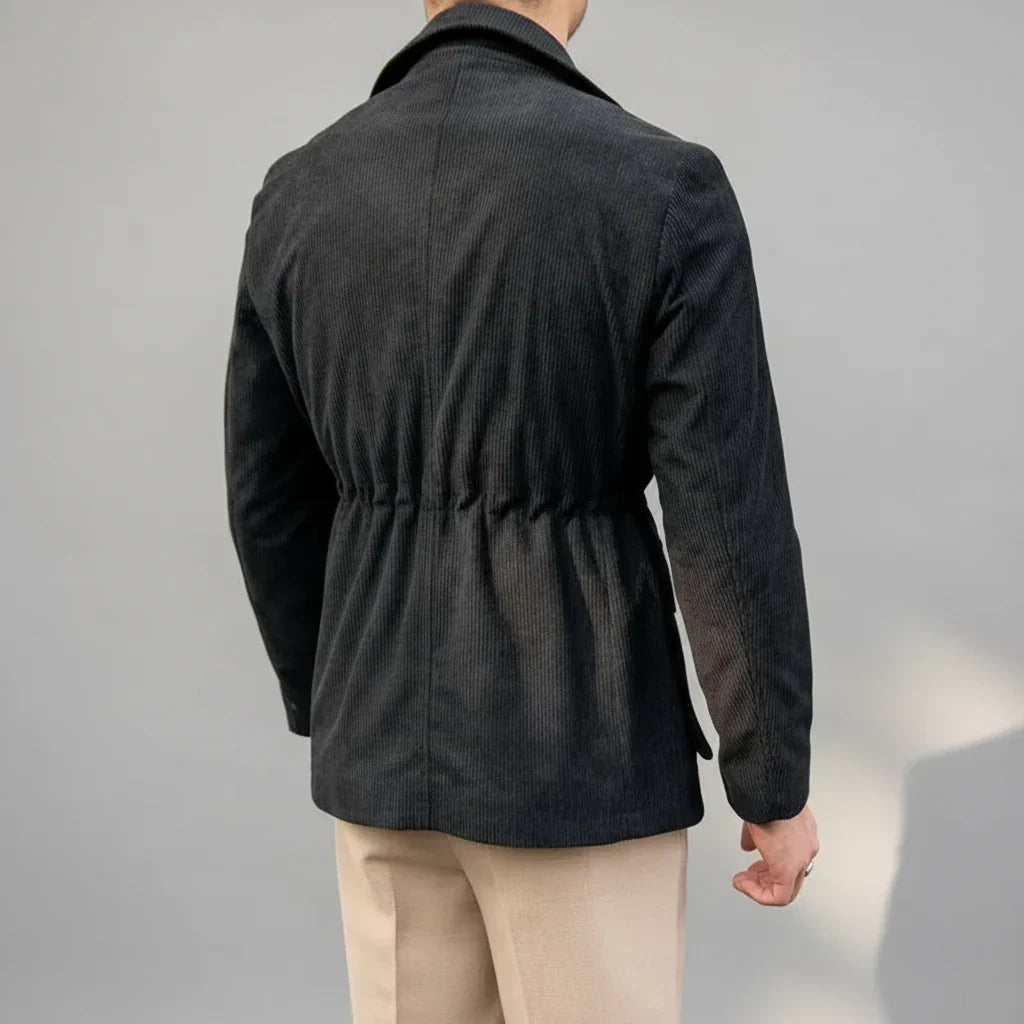 Versatile men's herringbone blazer, tailored fit, gold buttons. Ideal for business, smart casual, or formal events. Stylish.