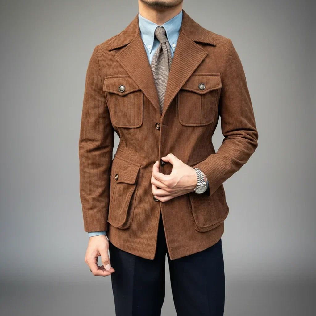 Stylish men's herringbone blazer, tailored fit, featuring elegant gold buttons. Essential for modern men's formal attire.