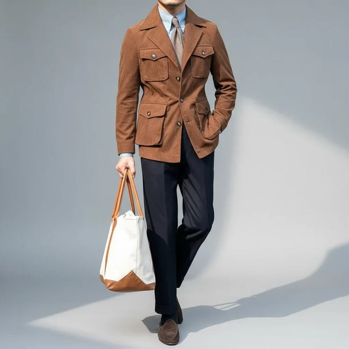 Premium men's herringbone blazer, tailored for a sharp fit. Gold buttons add a sophisticated touch for a statement look.