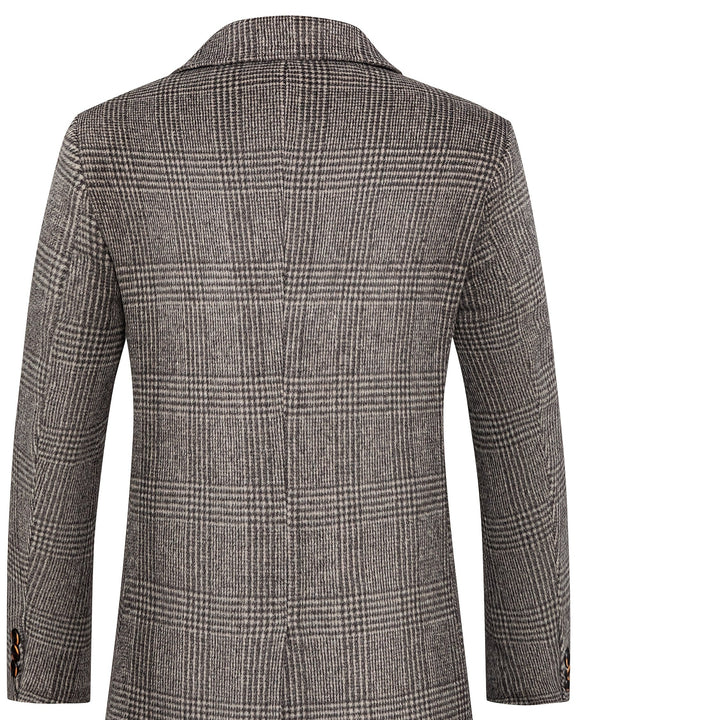 Close-up of khaki plaid fabric on a men's wool blend overcoat, showcasing texture and pattern