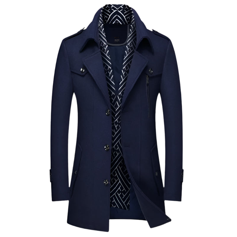 Men's tailored longline military overcoat in dark navy, perfect for autumn & winter smart casual fashion.