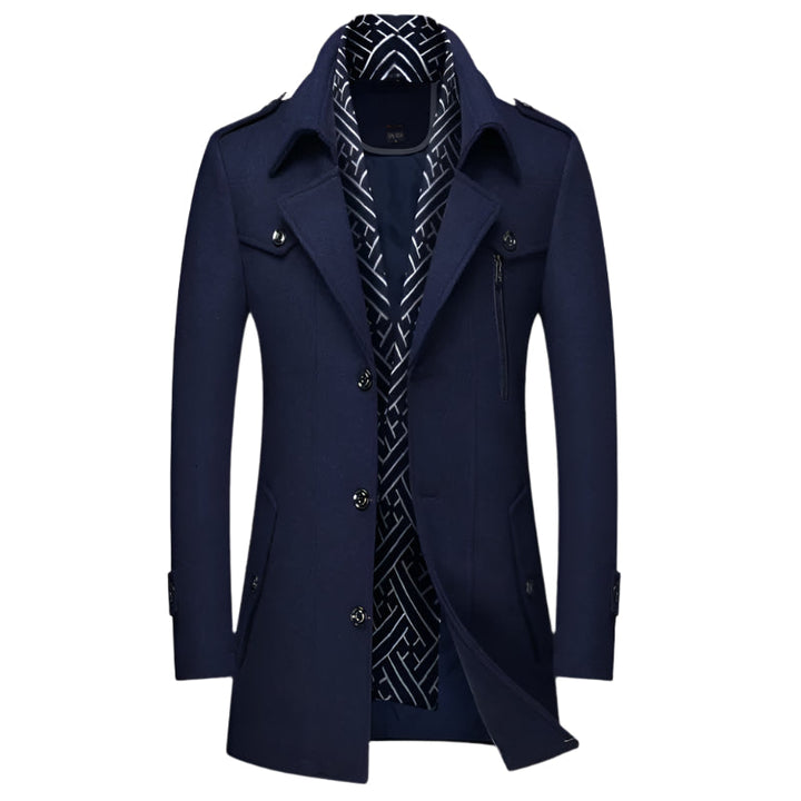 Men's tailored longline military overcoat in dark navy, perfect for autumn & winter smart casual fashion.