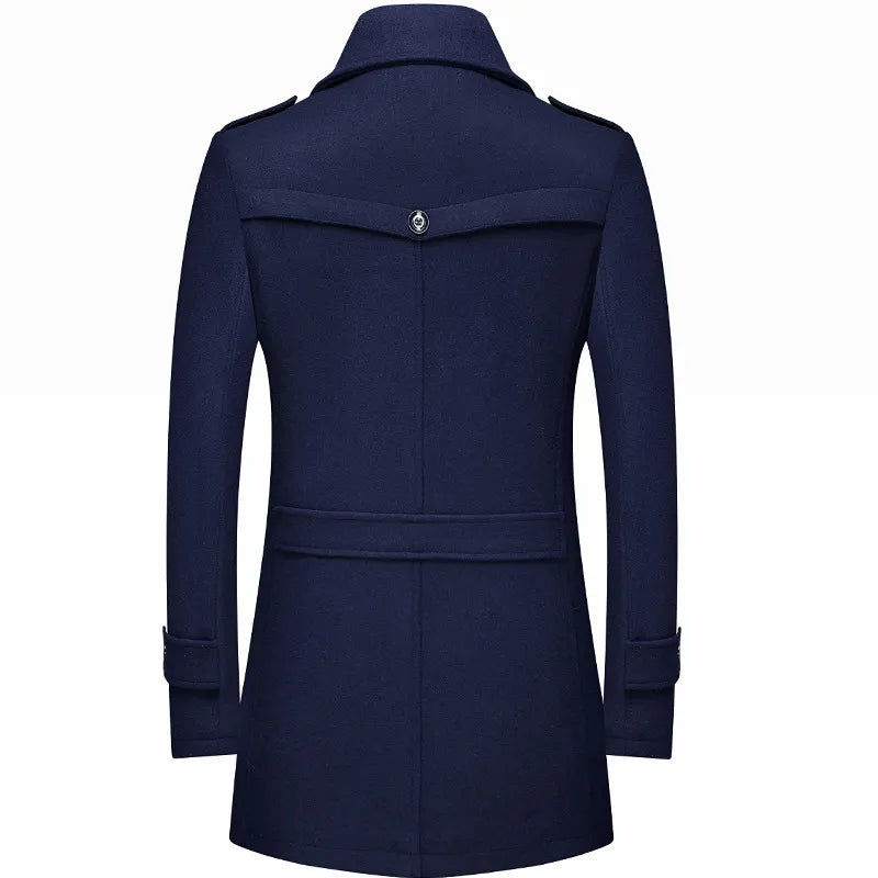 Stylish men's double-breasted military trench coat with a tailored fit, ideal for business attire.