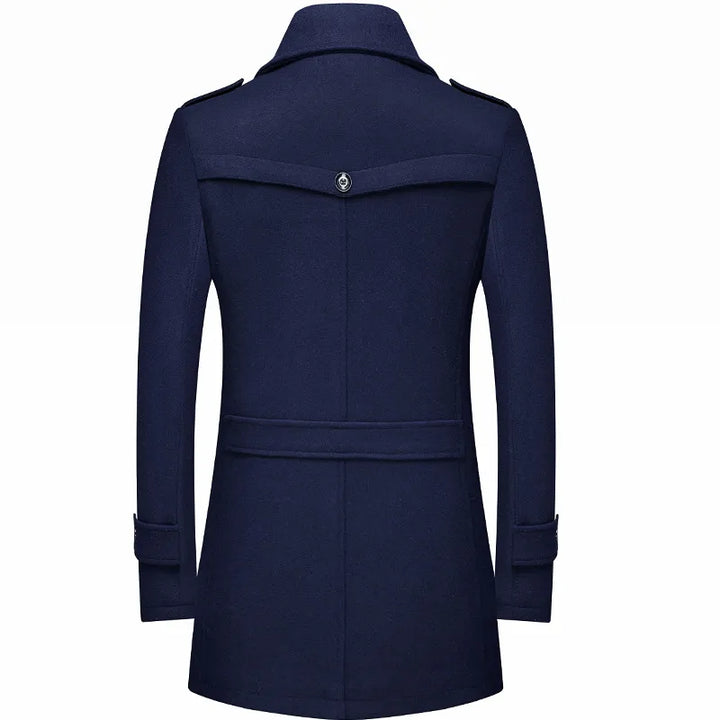 Stylish men's double-breasted military trench coat with a tailored fit, ideal for business attire.