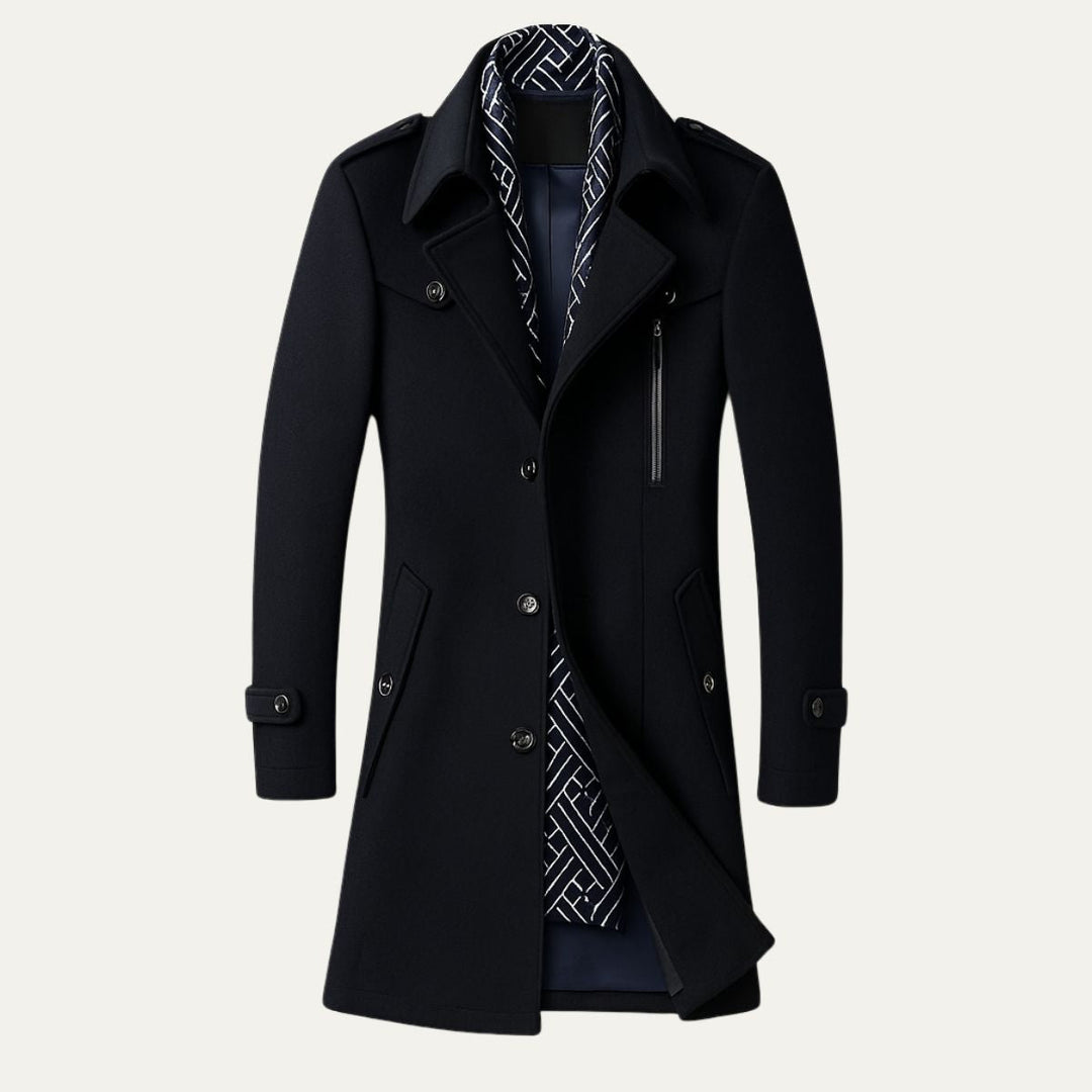 Front view of men's sleek black double-breasted military overcoat with wide lapels & button details.