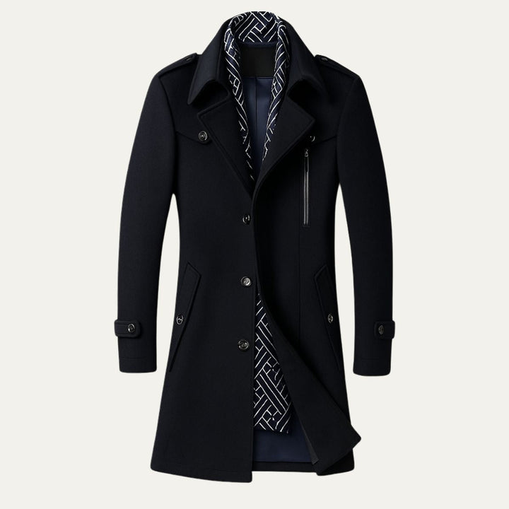 Front view of men's sleek black double-breasted military overcoat with wide lapels & button details.