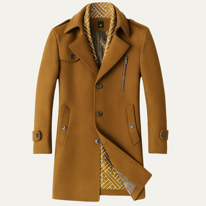 Elegant men's longline military trench coat, showing tailored silhouette and flowing fabric, suitable for autumn.