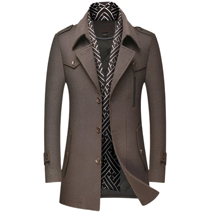 Man wearing a stylish longline military overcoat, perfect for urban autumn walks or business events.