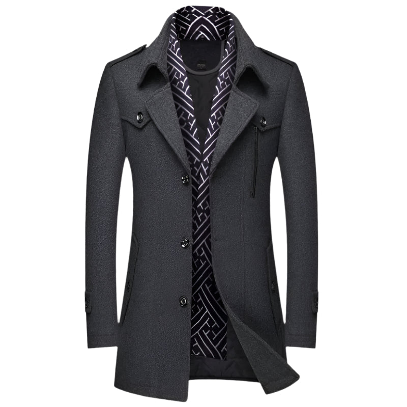 Close-up of the tailored fabric and stitching details on a men's military style long overcoat.