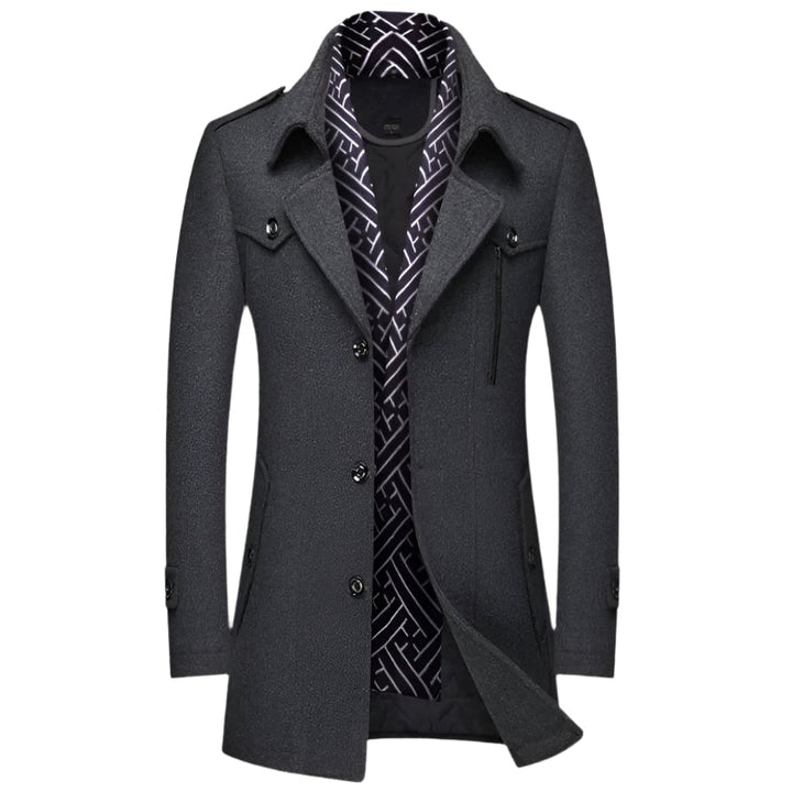 Close-up of the tailored fabric and stitching details on a men's military style long overcoat.